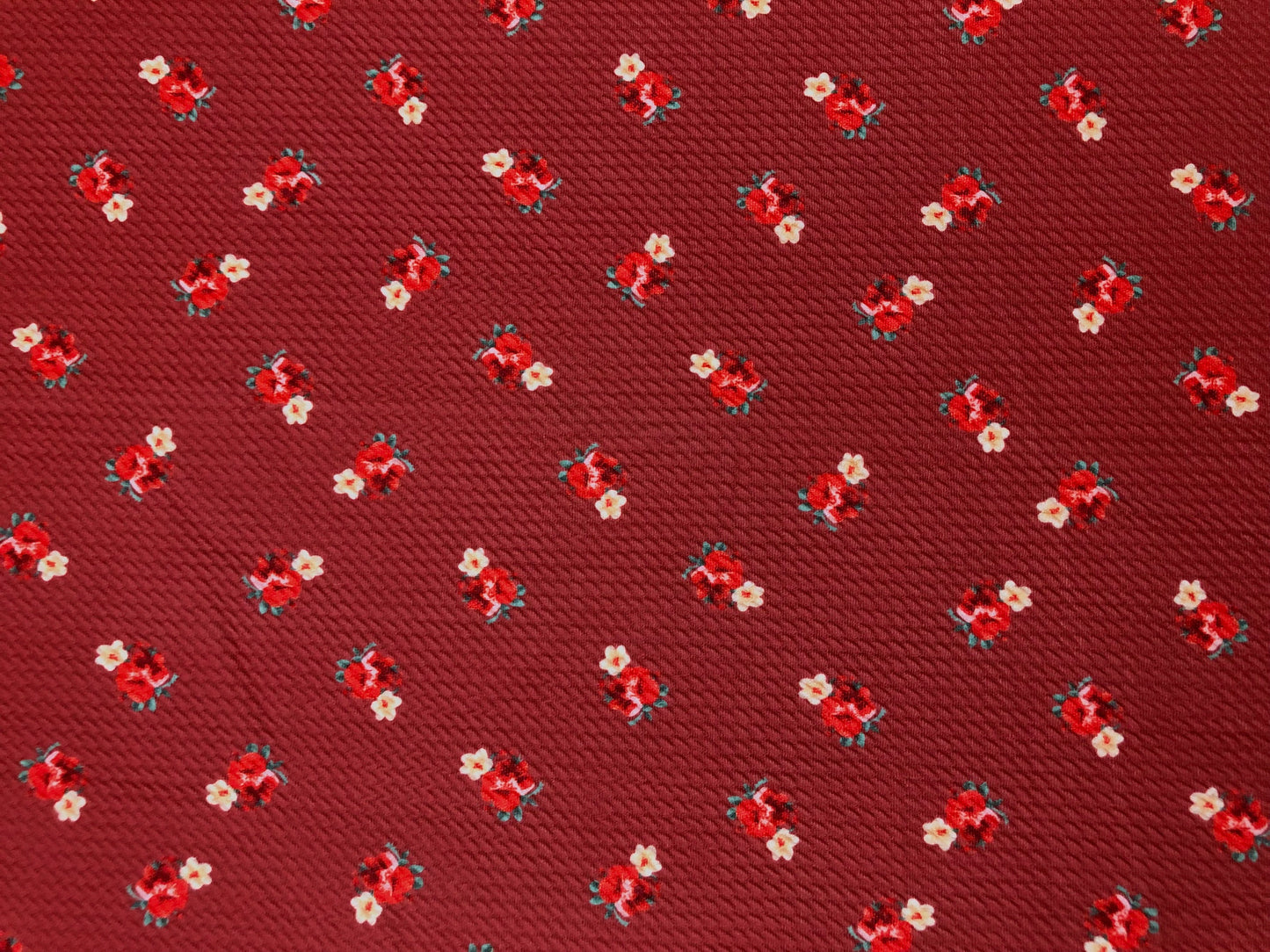 Bullet Knit Fabric – Mini Red Roses & Yellow Bud Ditsy Floral Stretch Print on Brick, 56″ Wide, Sold by the Yard (BDPR257)