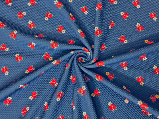 Bullet Knit Fabric – Mini Red Roses & Yellow Bud Ditsy Floral Stretch Print on Vibrant Blue, 56″ Wide, Sold by the Yard (BDPR259)