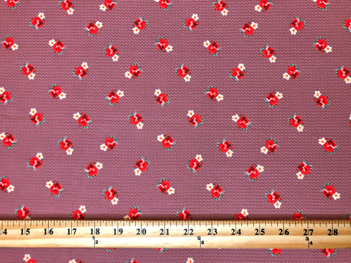 Bullet Knit Fabric – Mini Red Roses & Yellow Bud Ditsy Floral Stretch Print on Mauve, 56″ Wide, Sold by the Yard (BDPR260)