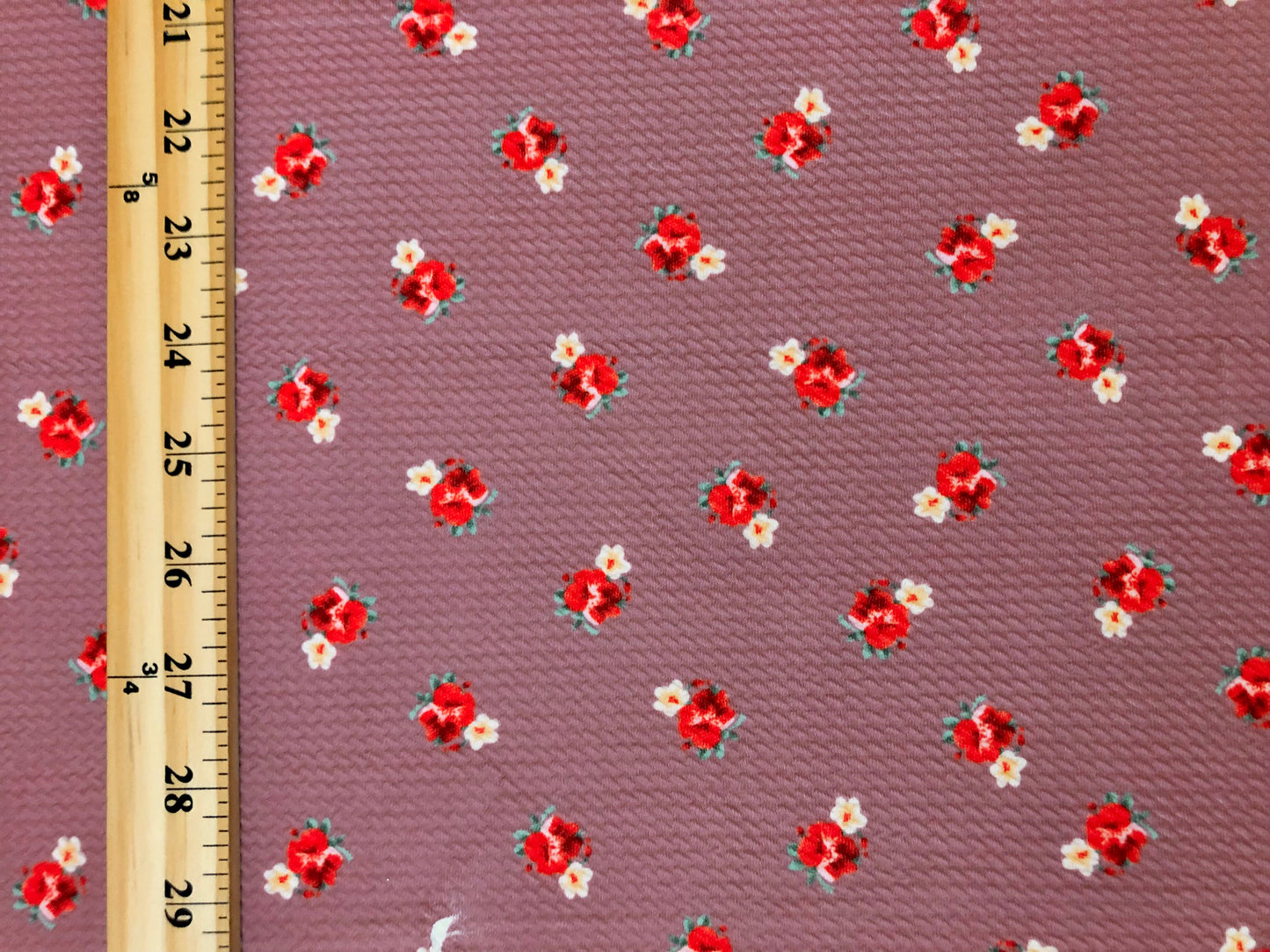 Bullet Knit Fabric – Mini Red Roses & Yellow Bud Ditsy Floral Stretch Print on Mauve, 56″ Wide, Sold by the Yard (BDPR260)