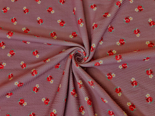 Bullet Knit Fabric – Mini Red Roses & Yellow Bud Ditsy Floral Stretch Print on Mauve, 56″ Wide, Sold by the Yard (BDPR260)