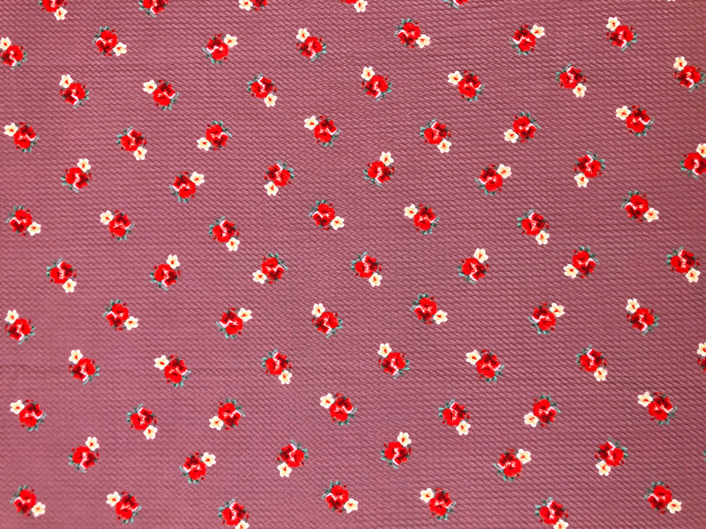 Bullet Knit Fabric – Mini Red Roses & Yellow Bud Ditsy Floral Stretch Print on Mauve, 56″ Wide, Sold by the Yard (BDPR260)