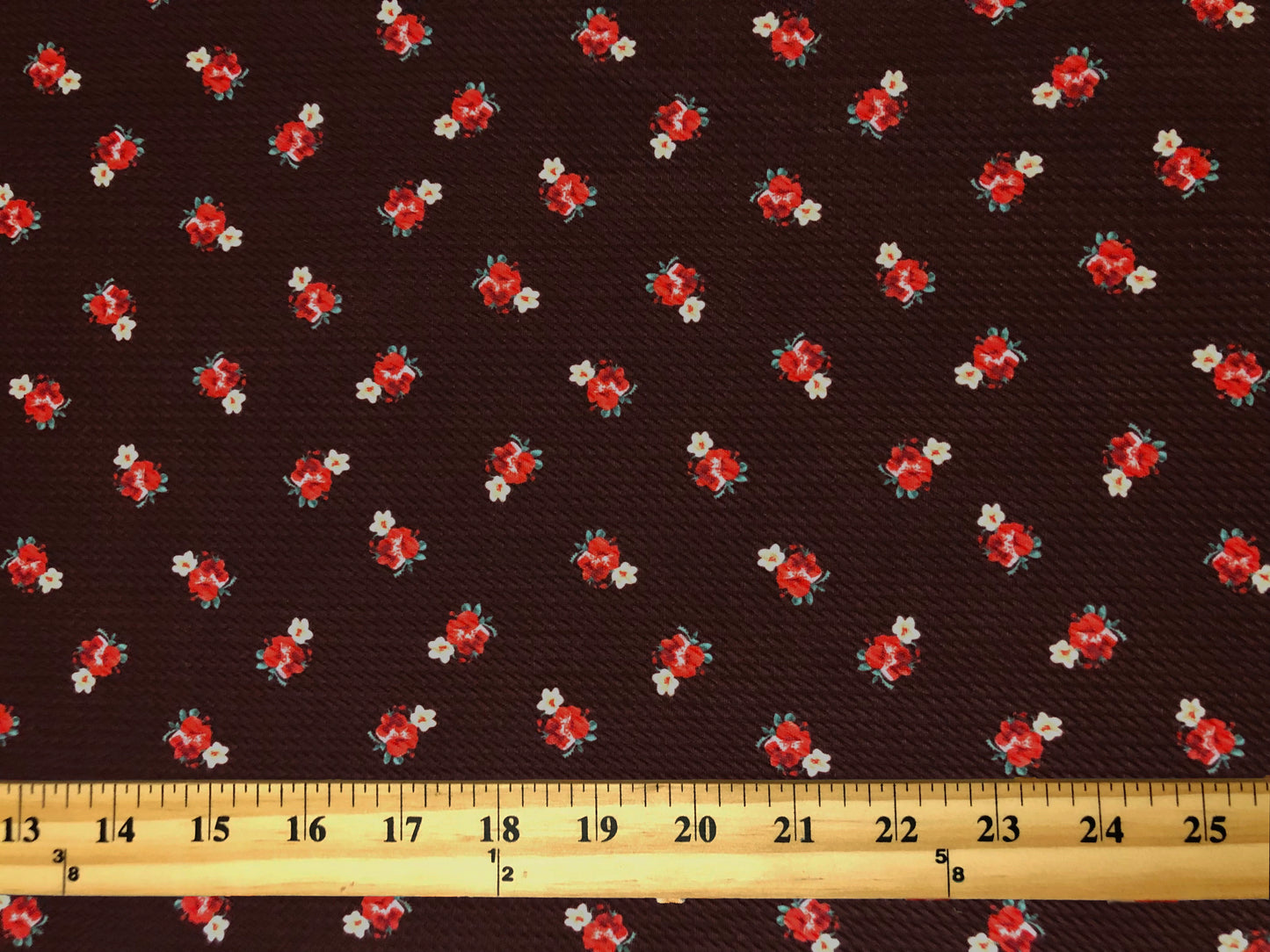 Bullet Knit Fabric – Mini Red Roses & Yellow Bud Ditsy Floral Stretch Print on Chocolate Brown, 56″ Wide, Sold by the Yard (BDPR261)