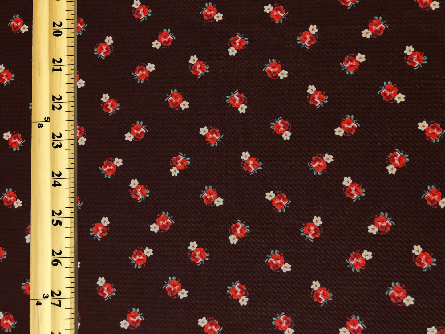 Bullet Knit Fabric – Mini Red Roses & Yellow Bud Ditsy Floral Stretch Print on Chocolate Brown, 56″ Wide, Sold by the Yard (BDPR261)