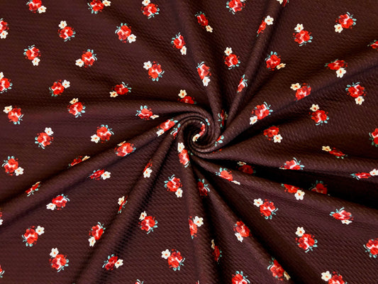 Bullet Knit Fabric – Mini Red Roses & Yellow Bud Ditsy Floral Stretch Print on Chocolate Brown, 56″ Wide, Sold by the Yard (BDPR261)