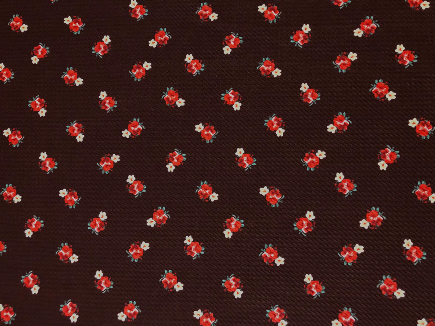 Bullet Knit Fabric – Mini Red Roses & Yellow Bud Ditsy Floral Stretch Print on Chocolate Brown, 56″ Wide, Sold by the Yard (BDPR261)