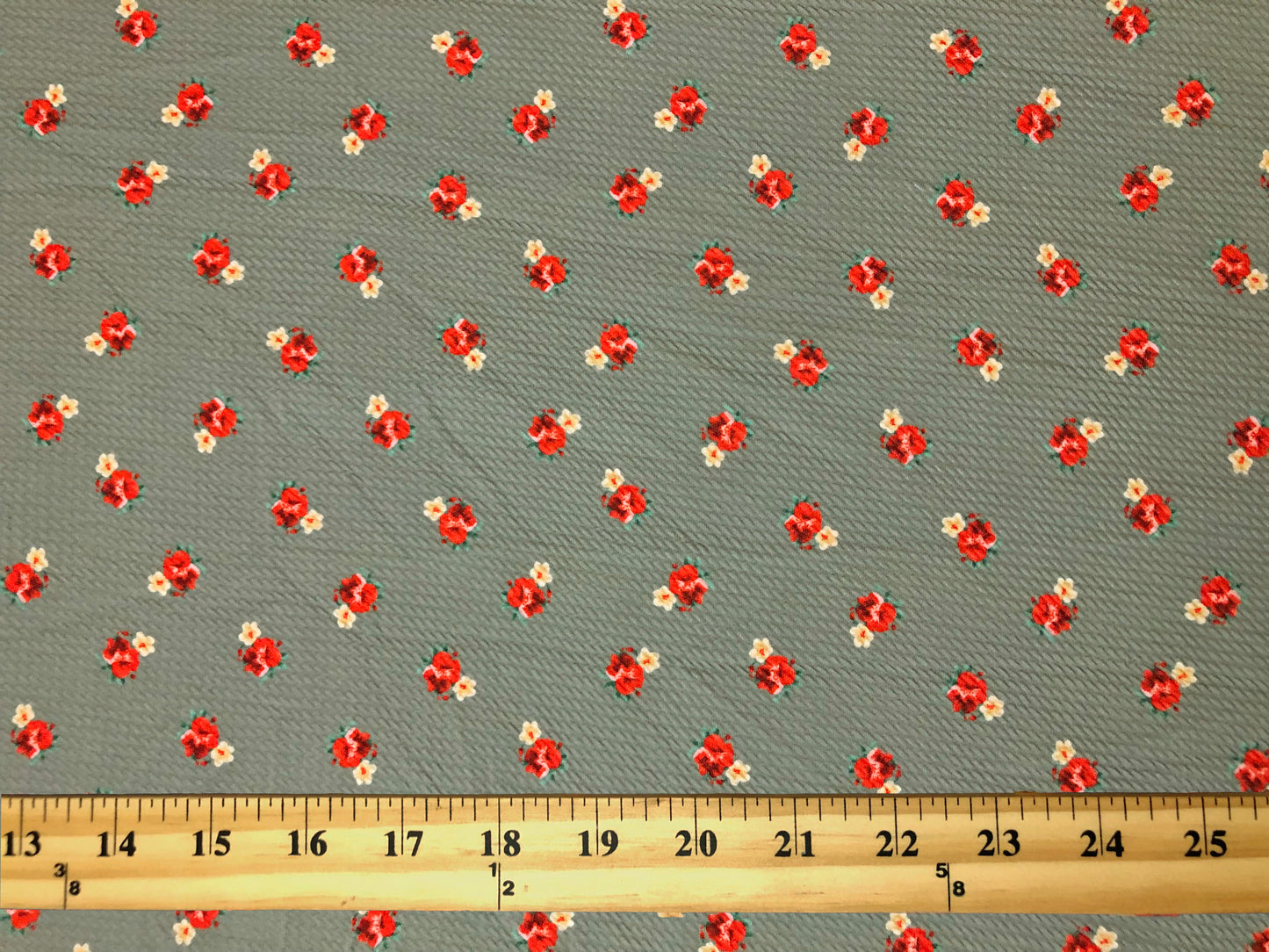 Bullet Knit Fabric – Mini Red Roses & Yellow Bud Ditsy Floral Stretch Print on Sage, 56″ Wide, Sold by the Yard (BDPR264)