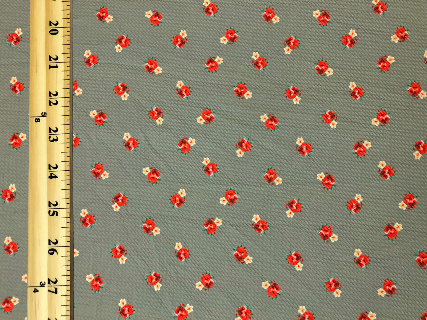 Bullet Knit Fabric – Mini Red Roses & Yellow Bud Ditsy Floral Stretch Print on Sage, 56″ Wide, Sold by the Yard (BDPR264)