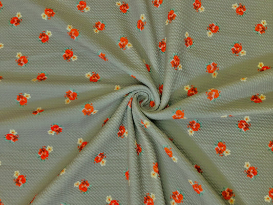 Bullet Knit Fabric – Mini Red Roses & Yellow Bud Ditsy Floral Stretch Print on Sage, 56″ Wide, Sold by the Yard (BDPR264)