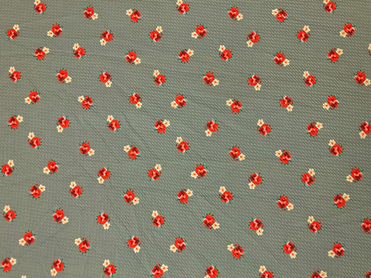 Bullet Knit Fabric – Mini Red Roses & Yellow Bud Ditsy Floral Stretch Print on Sage, 56″ Wide, Sold by the Yard (BDPR264)