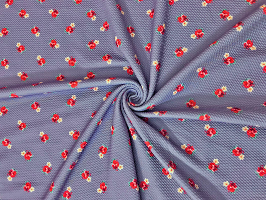 Bullet Knit Fabric – Mini Red Roses & Yellow Bud Ditsy Floral Stretch Print on Lavender, 56″ Wide, Sold by the Yard (BDPR267)