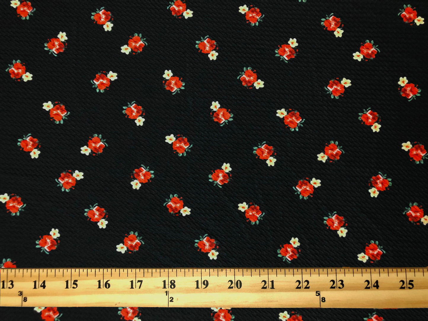 Bullet Knit Fabric – Mini Red Roses & Yellow Bud Ditsy Floral Stretch Print on Black, 56″ Wide, Sold by the Yard (BDPR268)