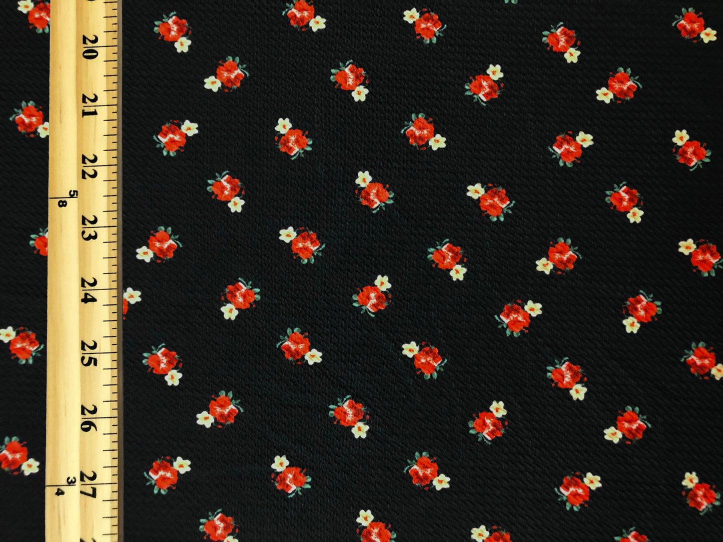 Bullet Knit Fabric – Mini Red Roses & Yellow Bud Ditsy Floral Stretch Print on Black, 56″ Wide, Sold by the Yard (BDPR268)