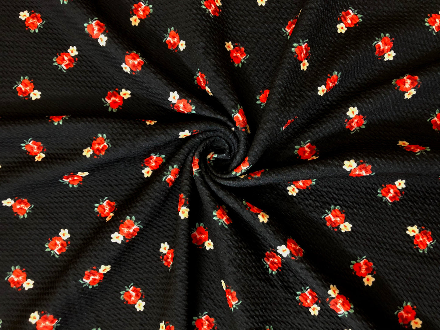 Bullet Knit Fabric – Mini Red Roses & Yellow Bud Ditsy Floral Stretch Print on Black, 56″ Wide, Sold by the Yard (BDPR268)
