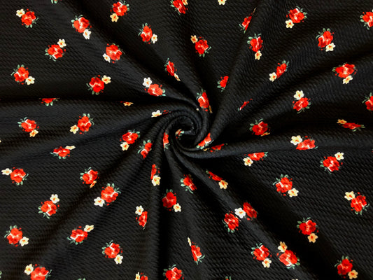 Bullet Knit Fabric – Mini Red Roses & Yellow Bud Ditsy Floral Stretch Print on Black, 56″ Wide, Sold by the Yard (BDPR268)