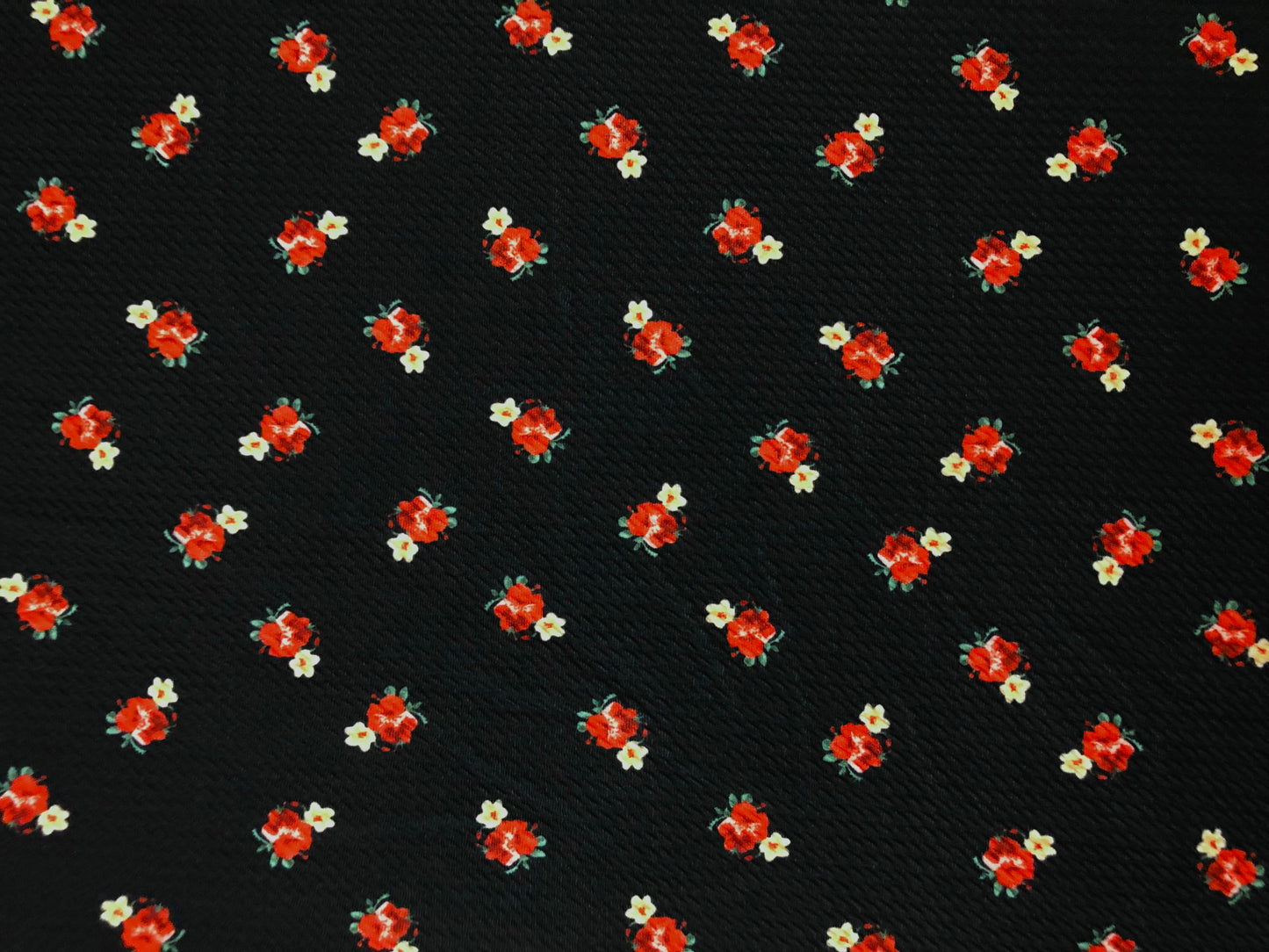 Bullet Knit Fabric – Mini Red Roses & Yellow Bud Ditsy Floral Stretch Print on Black, 56″ Wide, Sold by the Yard (BDPR268)