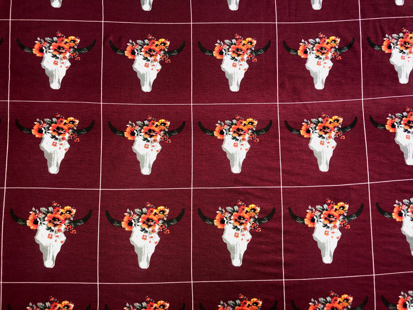 Boho Floral Longhorn on Burgundy – Rayon Spandex Stretch Knit, Silky Hand & Fluid Drape – 56" Width – Apparel Fabric by the Yard (RSPR02)