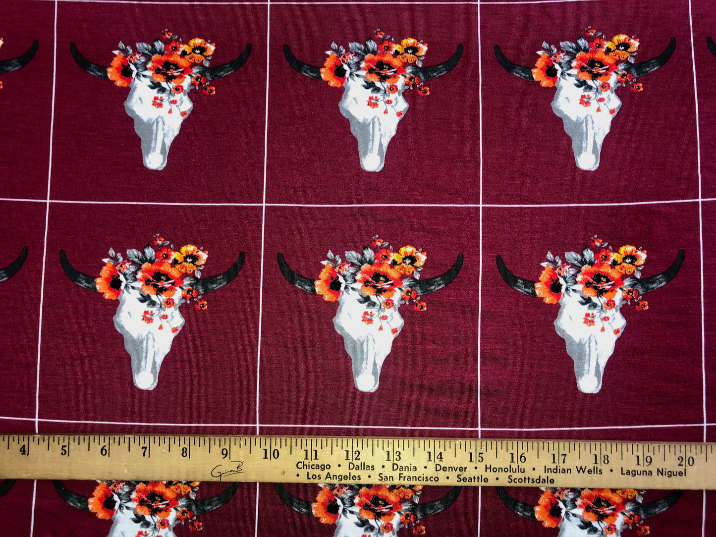 Boho Floral Longhorn on Burgundy – Rayon Spandex Stretch Knit, Silky Hand & Fluid Drape – 56" Width – Apparel Fabric by the Yard (RSPR02)