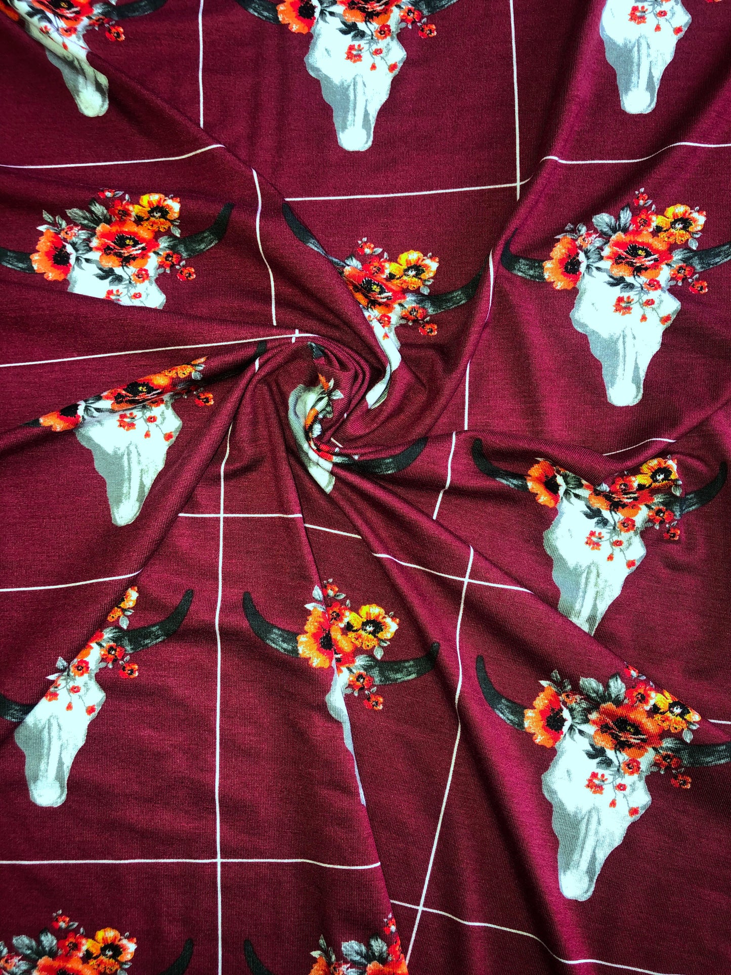 Boho Floral Longhorn on Burgundy – Rayon Spandex Stretch Knit, Silky Hand & Fluid Drape – 56" Width – Apparel Fabric by the Yard (RSPR02)