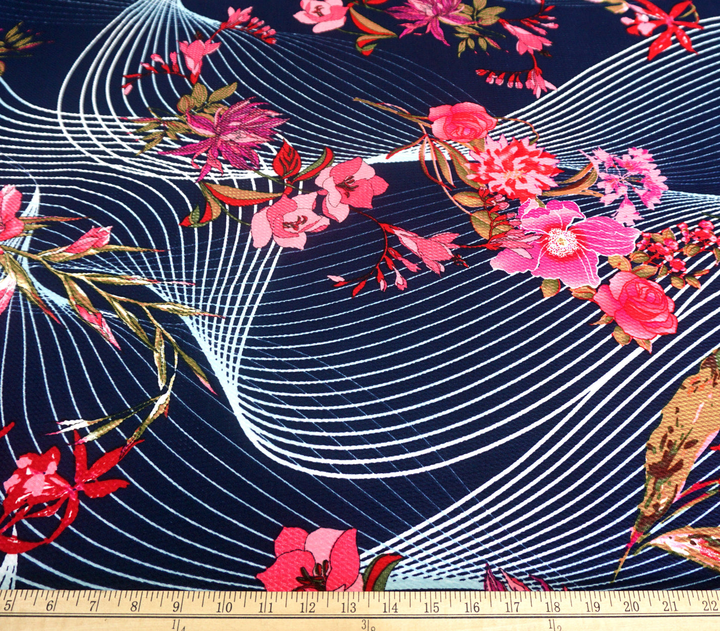 Bullet Knit Fabric – Navy Blue & Pink Airwave Floral Print, 56″ Wide, Sold by the Yard (BPR073)