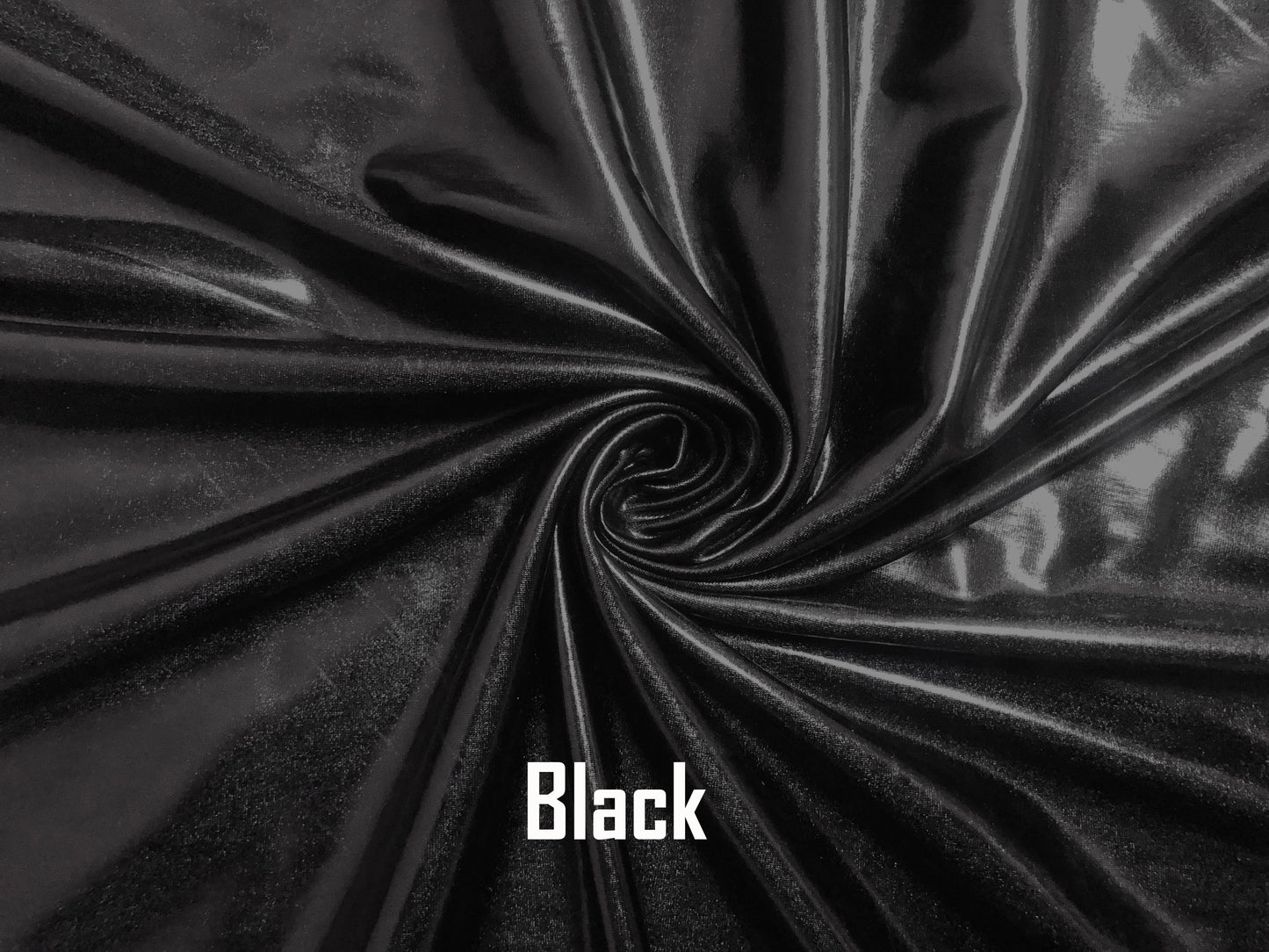 Shiny Black PU Vinyl — Wet-Look Mirror Shine, 2-Way Stretch | 58″ Wide | 95% Polyester / 5% Spandex | By the Yard (PUVMC01)
