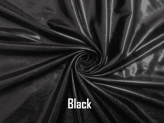 Shiny Black PU Vinyl — Wet-Look Mirror Shine, 2-Way Stretch | 58″ Wide | 95% Polyester / 5% Spandex | By the Yard (PUVMC01)