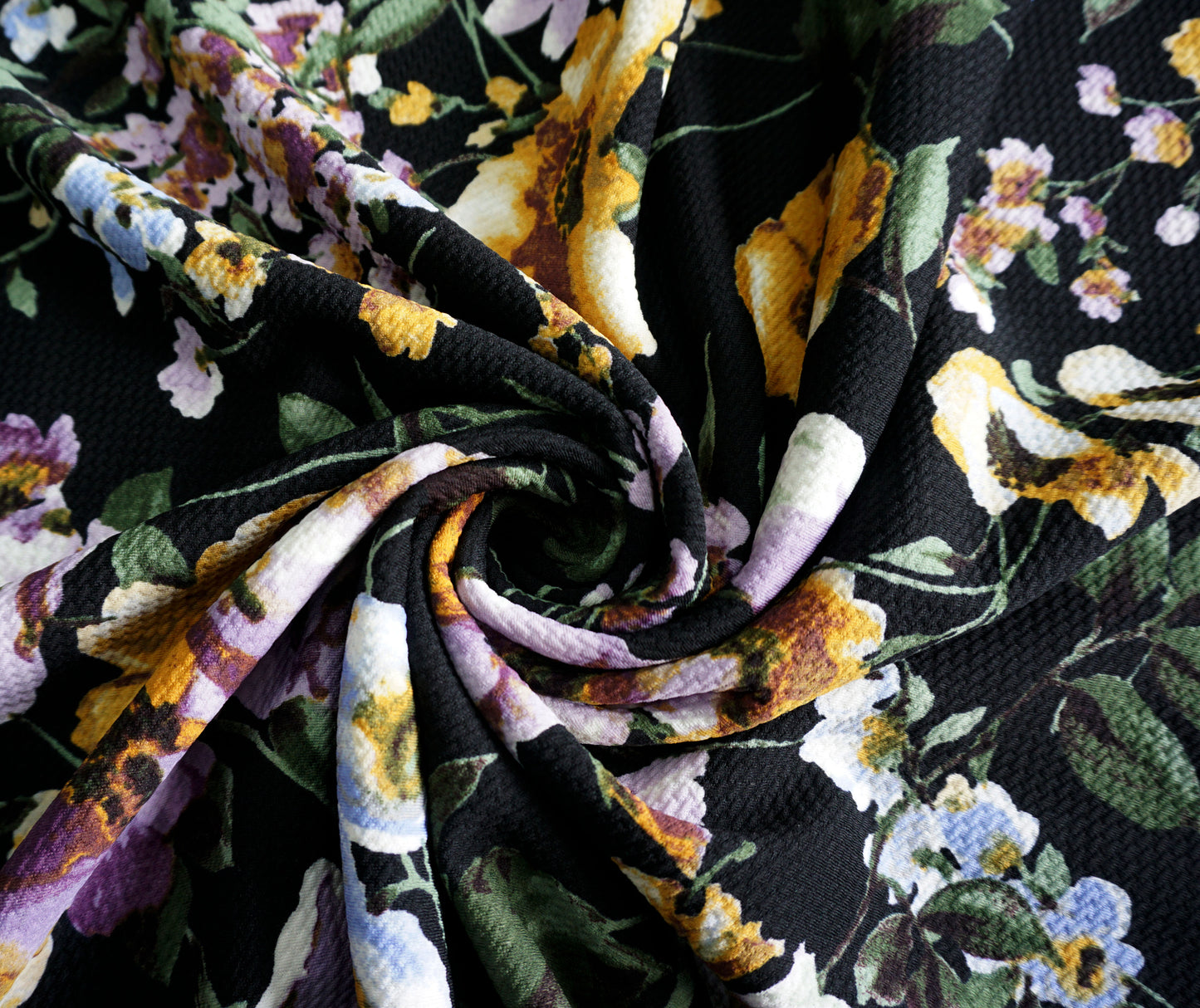 Bullet Knit Printed Fabric-Black Mustard Flowers-BPR041-Sold by the Yard