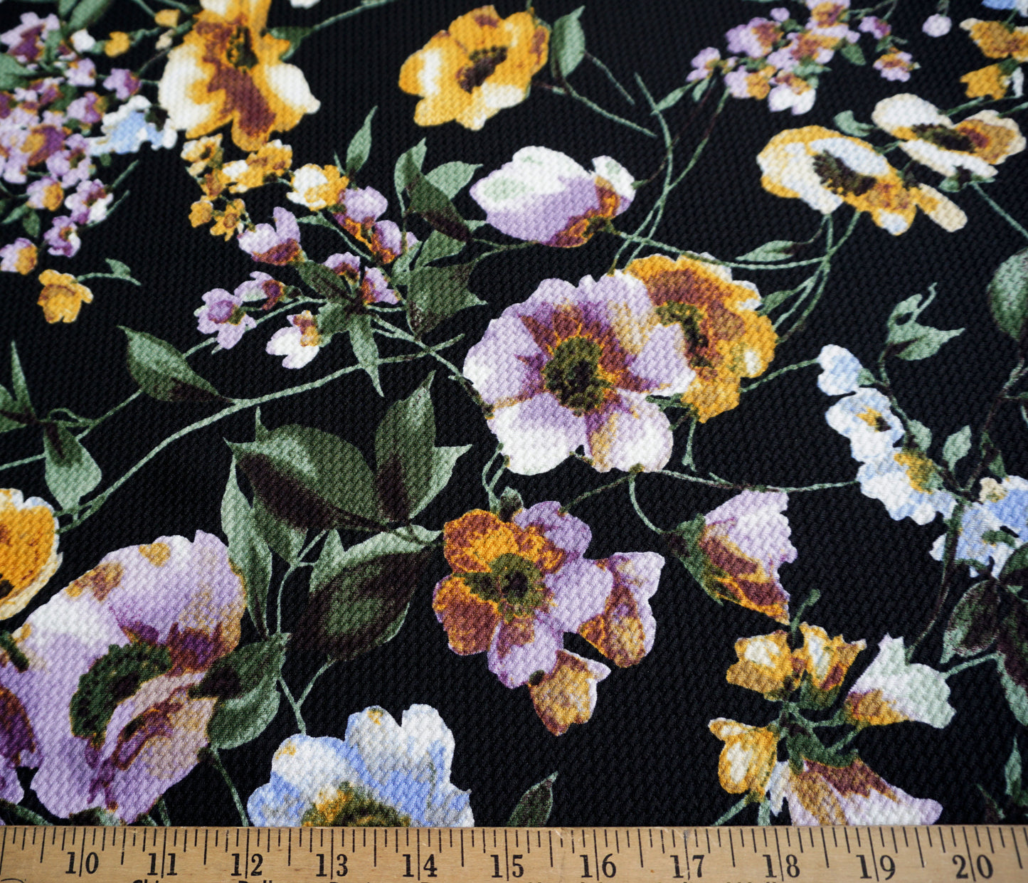 Bullet Knit Fabric - Black Mustard Flowers Print, 56″ Wide, Sold by the Yard (BPR041)