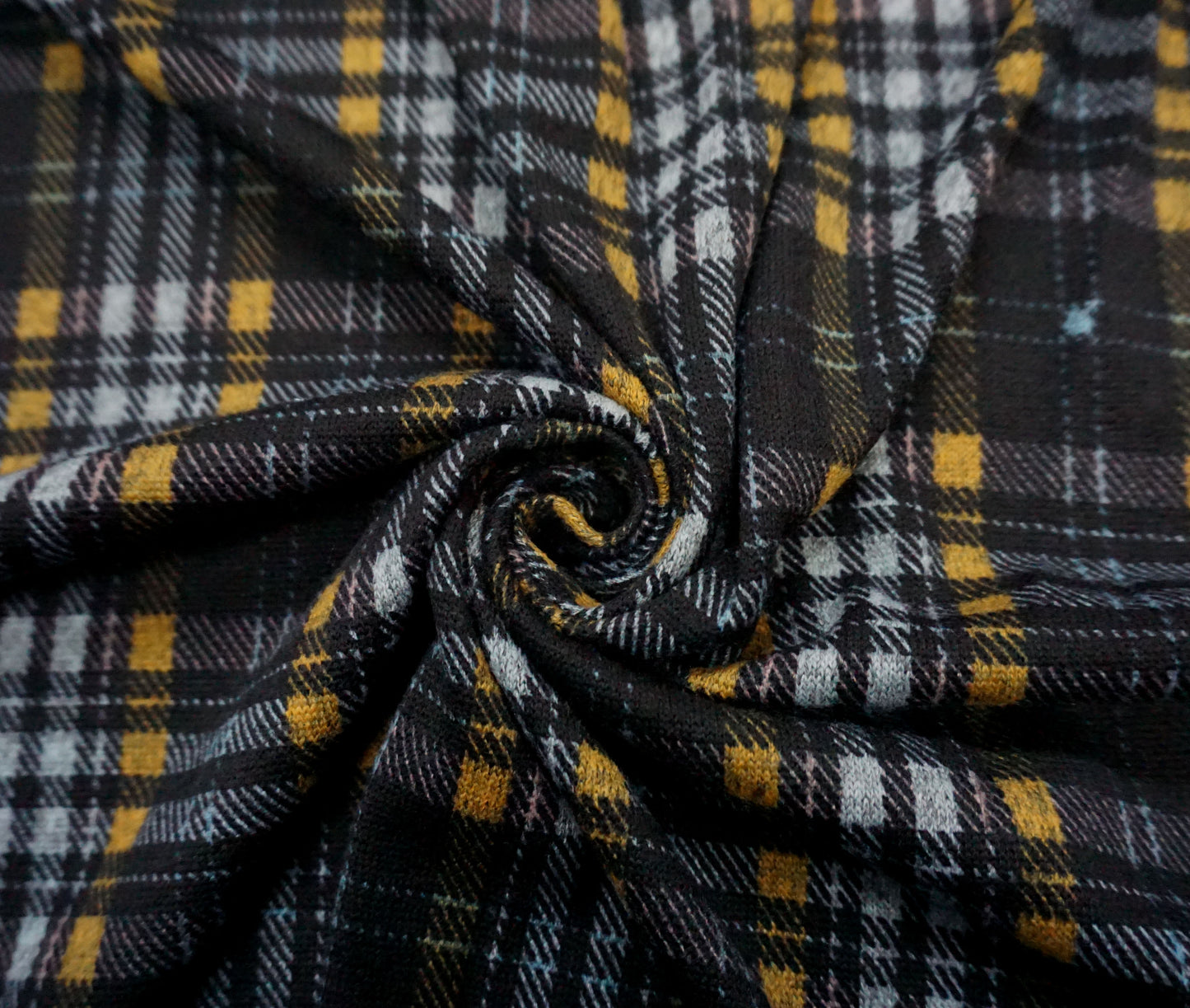 Comfy Black/Grey + Gold Plaid Hacci Knit Fabric – 56″ Wide, 95% Polyester 5% Spandex – Sold by the Yard (HSPR05)