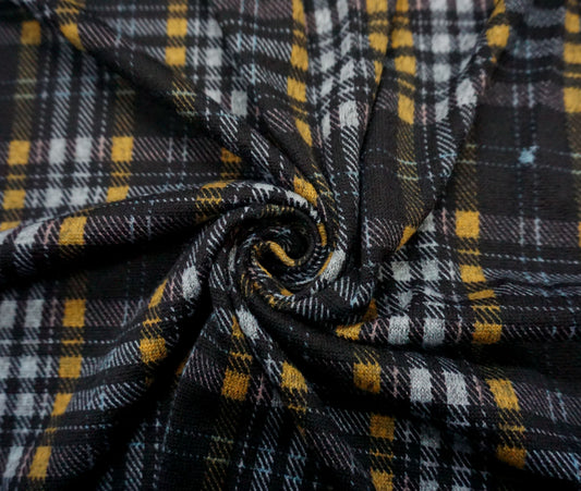 Comfy Black/Grey + Gold Plaid Hacci Knit Fabric – 56″ Wide, 95% Polyester 5% Spandex – Sold by the Yard (HSPR05)