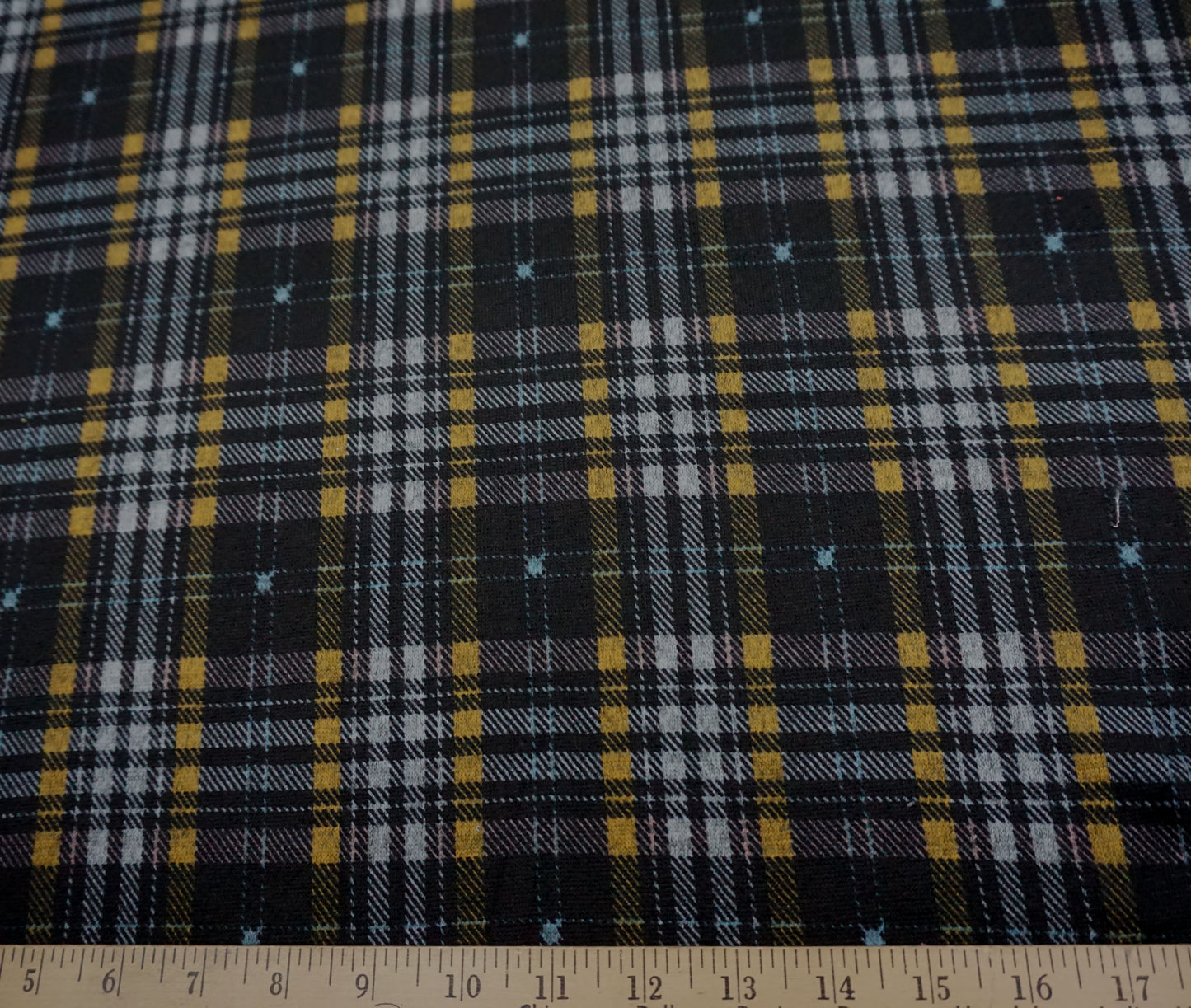Comfy Black/Grey + Gold Plaid Hacci Knit Fabric – 56″ Wide, 95% Polyester 5% Spandex – Sold by the Yard (HSPR05)