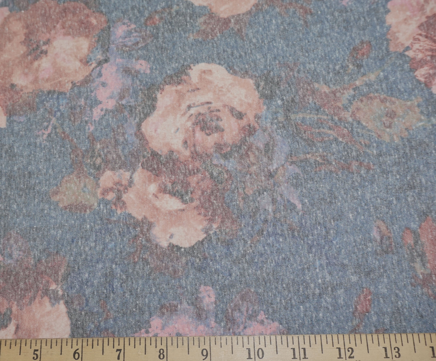 Denim Blue Pink Floral Jersey Knit Fabric – Poly Rayon Spandex Blend – 65% Polyester / 32% Rayon / 3% Spandex – 58″ Wide – Sold by the Yard (PRSXPR011)