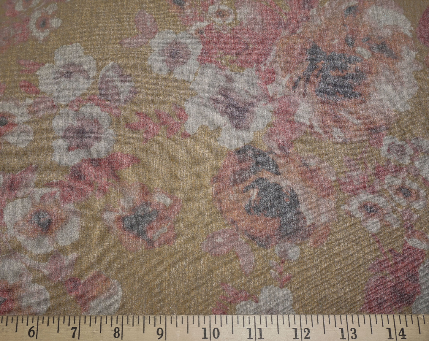 Mustard Floral French Terry Knit Fabric – 56" Wide Rayon-Poly-Spandex | Soft Vintage Rose Print – Sold by the Yard (FTKPR010)