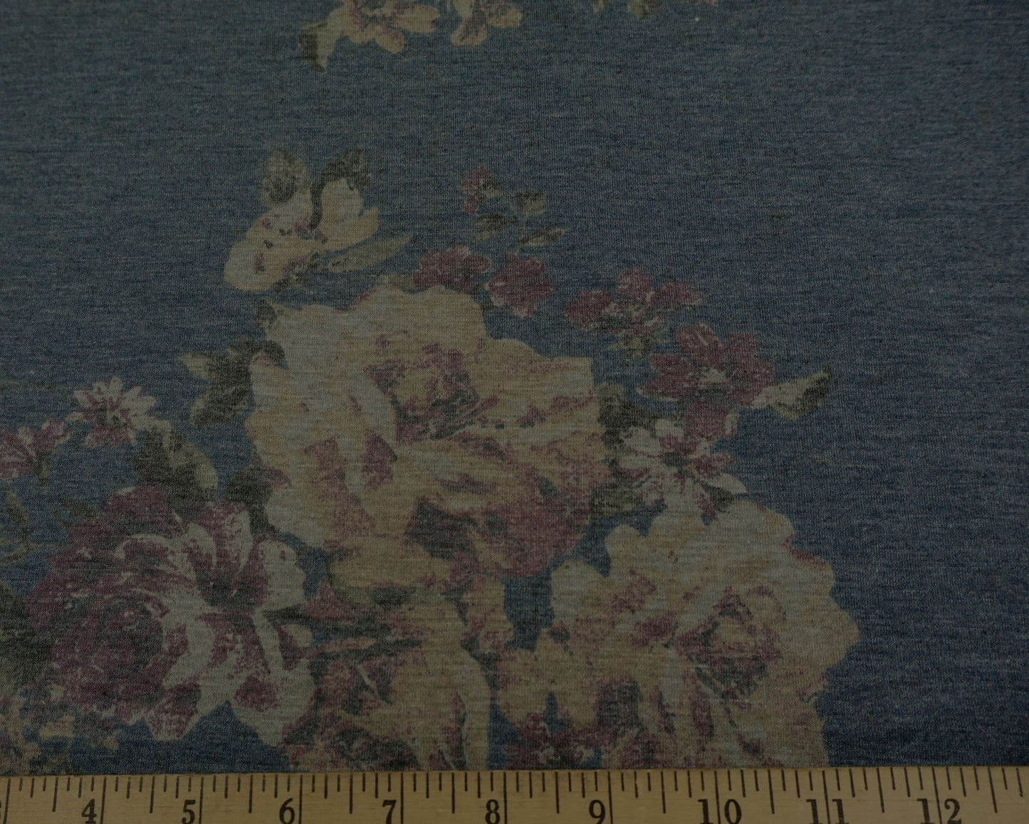 Vintage Floral French Terry Knit Fabric – Blue with Rose Print | 56" Wide Rayon-Poly-Spandex Stretch | Sold by the Yard (FTKPR017)