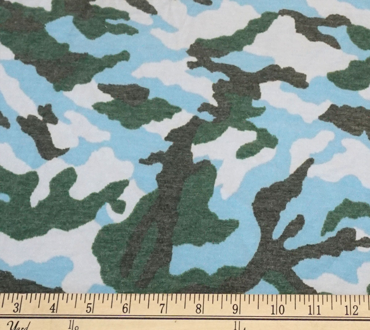 Green & Sky Blue Camouflage French Terry Knit Fabric – 56" Wide Rayon-Poly-Spandex | Soft 4-Way Stretch – Sold by the Yard (FTKPR07)