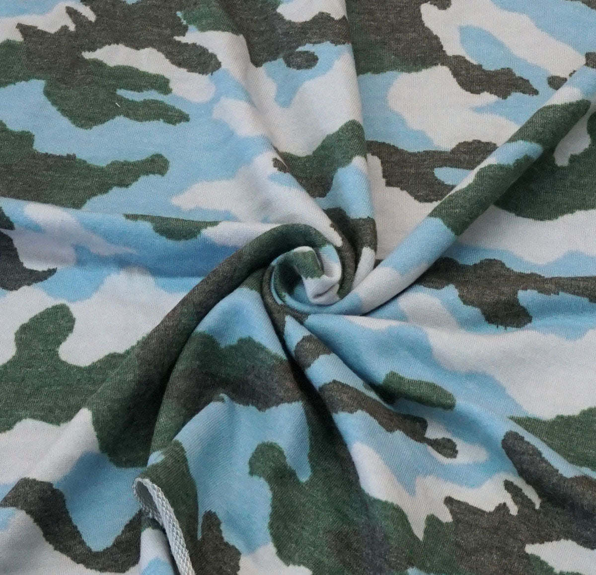 Green & Sky Blue Camouflage French Terry Knit Fabric – 56" Wide Rayon-Poly-Spandex | Soft 4-Way Stretch – Sold by the Yard (FTKPR07)
