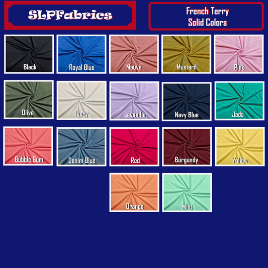 Premium Solid Color French Terry Knit Fabric – 56" Wide | Rayon-Poly-Spandex Stretch Knit – Multiple Colors Available | Sold by the Yard