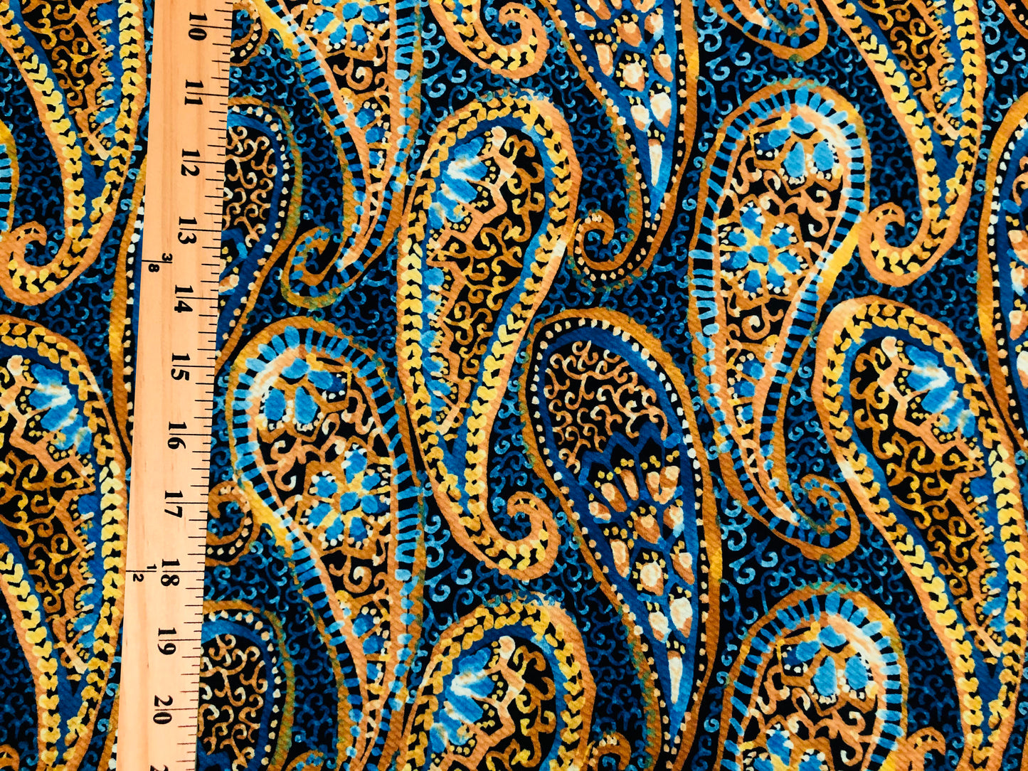 Bullet Knit Fabric – Vibrant Mustard & Turquoise Paisley Motif Print on Deep Navy, 56″ Wide, Sold by the Yard (BPR236)