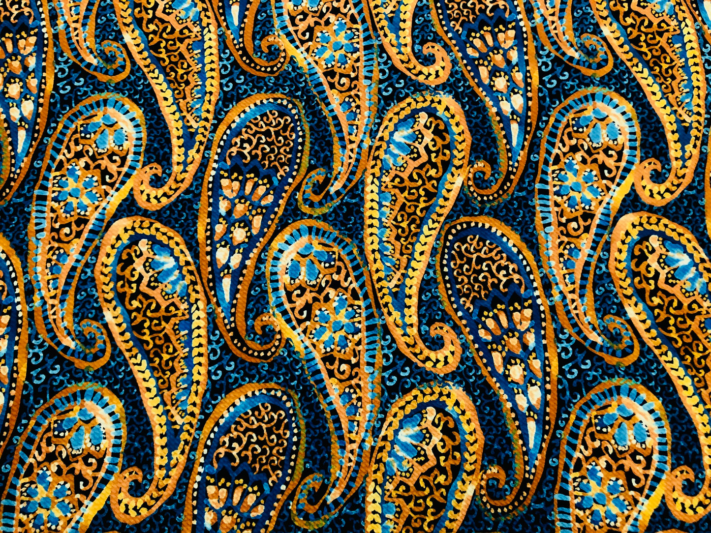 Bullet Knit Fabric – Vibrant Mustard & Turquoise Paisley Motif Print on Deep Navy, 56″ Wide, Sold by the Yard (BPR236)