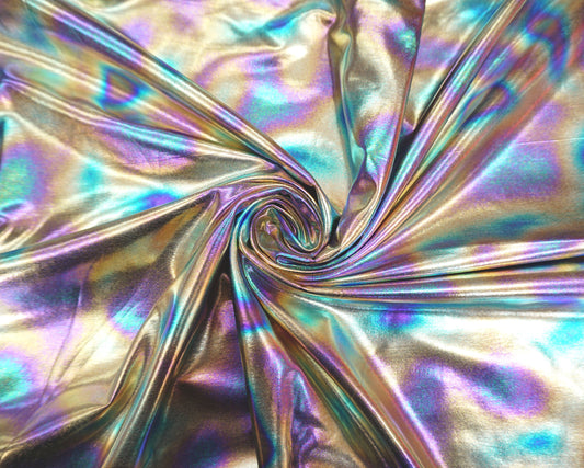 Oil-Slick PU/PVC Faux Leather — Hologram Gold • Soft Knit Back, 2-Way Stretch | 58″ Wide | 95% Polyester / 5% Spandex | By the Yard (PVCVH01)
