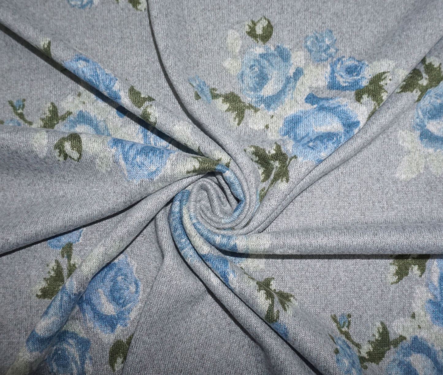 Premium Heather Gray & Blue Floral Hacci Knit – Comfy & Warm – 56″ Wide, 95% Polyester 5% Spandex – Sold by the Yard (HSPR015)