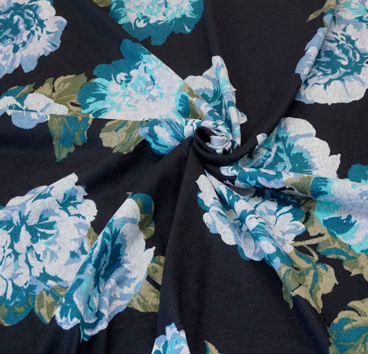 Comfy Black & Teal Floral Hacci Sweater Knit – 56″ Wide, 95% Polyester 5% Spandex – Sold by the Yard (HSPR003)