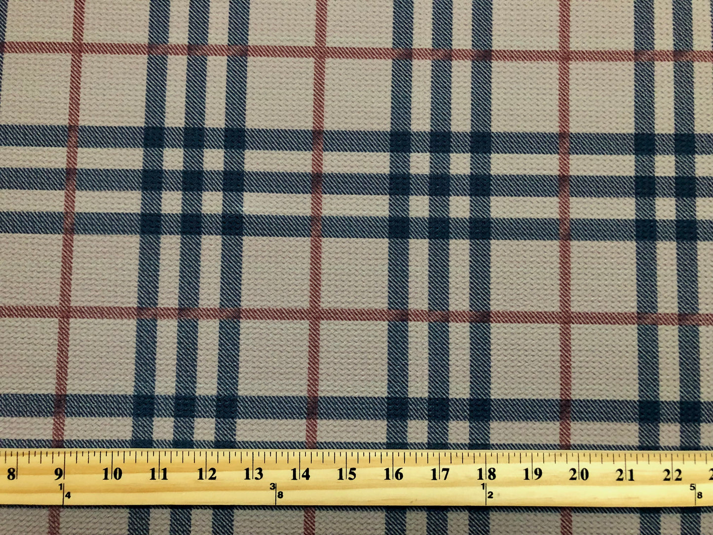 Bullet Knit Fabric – Beige, Navy Blue & Red Plaid Stretch Print, 56″ Wide, Sold by the Yard (BPR254)