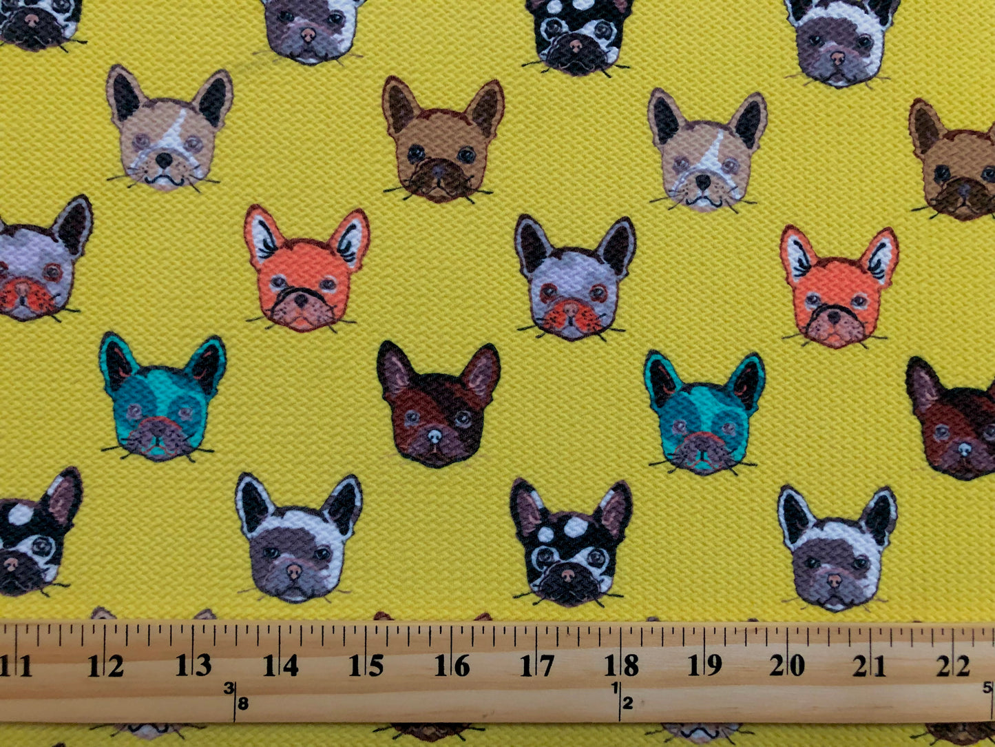 Premium Bullet Knit Fabric – Yellow French Bulldog Dog Face Novelty Print, 56″ Wide, Sold by the Yard (BPR253)