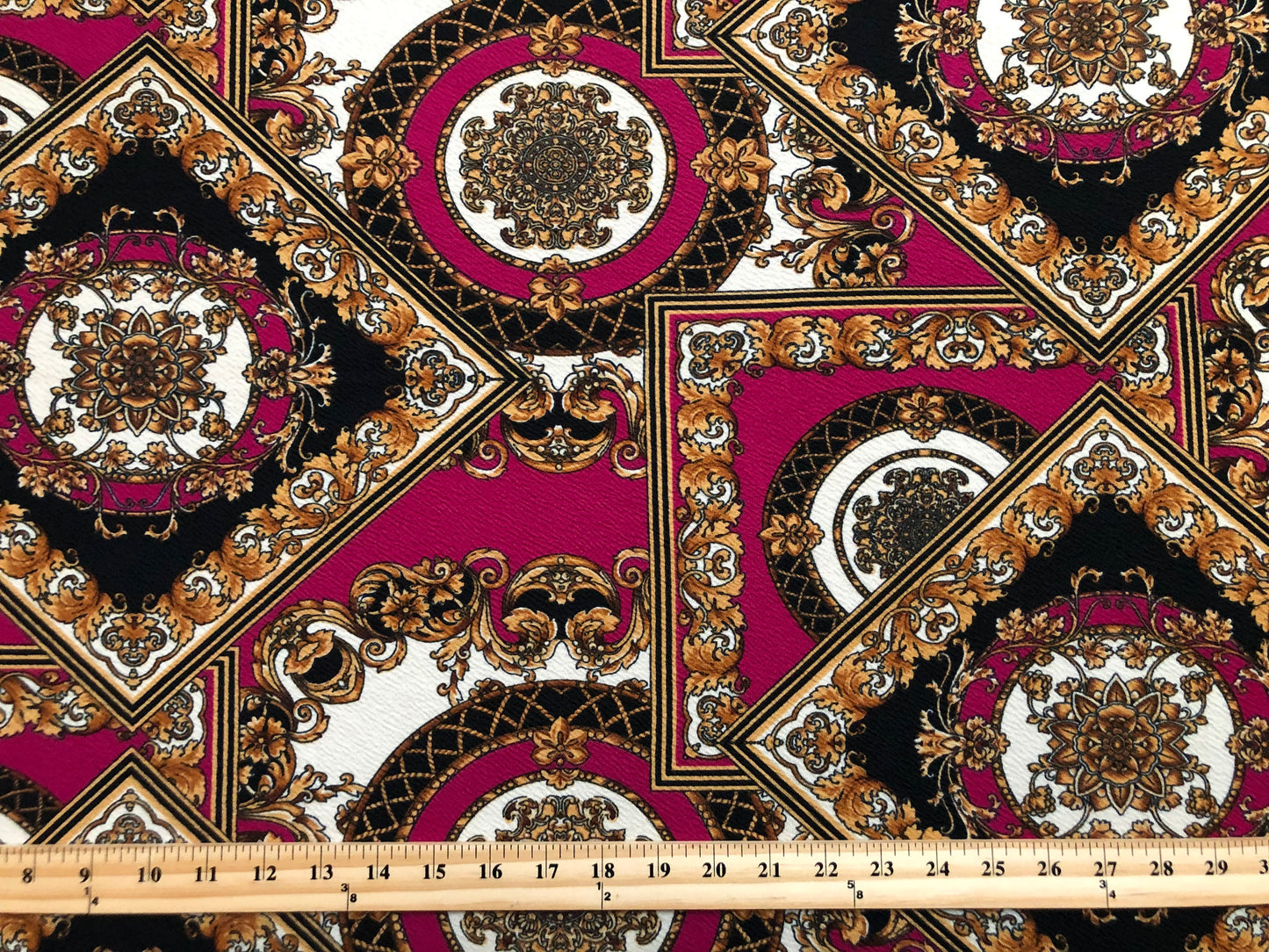 Liverpool Knit Printed Fabric-Magenta Gold Arabic Mosaics-LVPR292-Sold by the Yard-Apparel Fabric