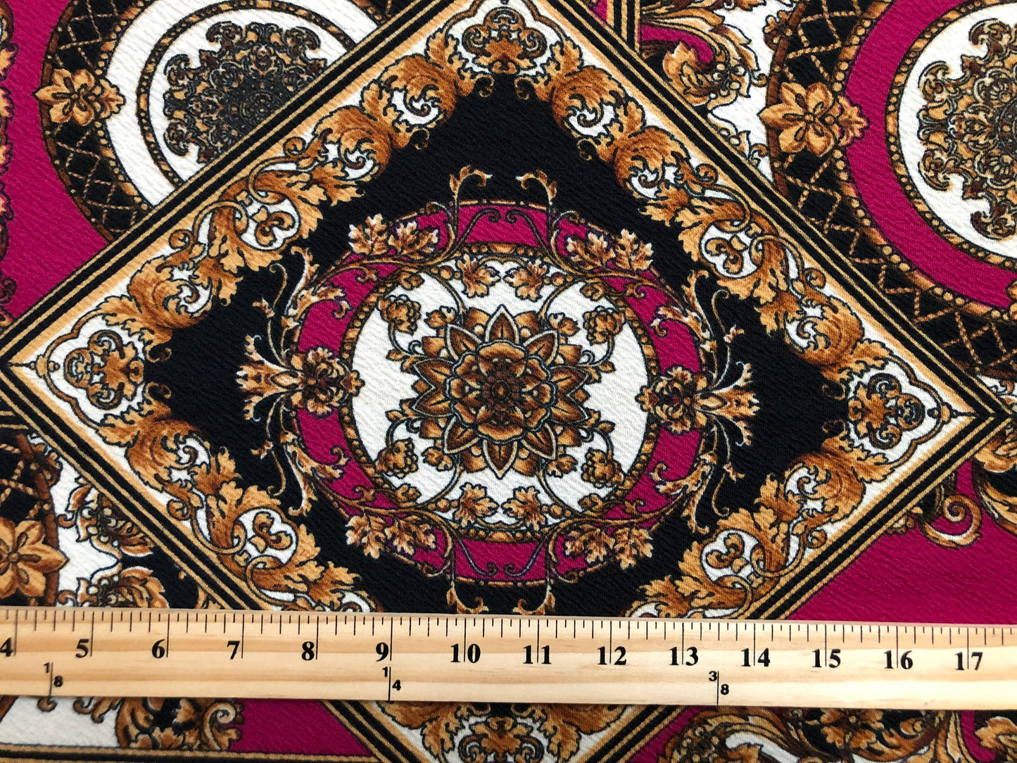 Liverpool Knit Printed Fabric-Magenta Gold Arabic Mosaics-LVPR292-Sold by the Yard-Apparel Fabric