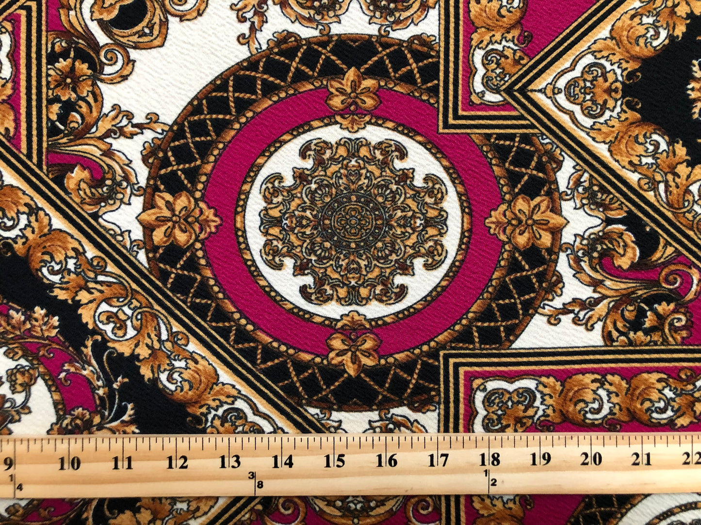 Liverpool Knit Printed Fabric-Magenta Gold Arabic Mosaics-LVPR292-Sold by the Yard-Apparel Fabric