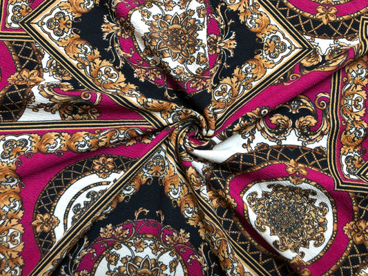 Liverpool Knit Printed Fabric-Magenta Gold Arabic Mosaics-LVPR292-Sold by the Yard-Apparel Fabric