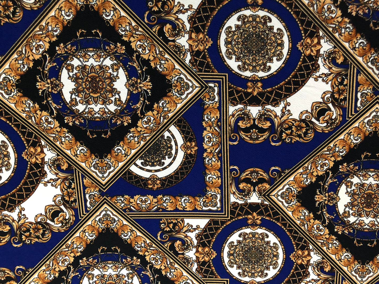 Liverpool Knit Printed Fabric-Navy Blue Gold Arabic Mosaics-LVPR291-Sold by the Yard-Apparel Fabric