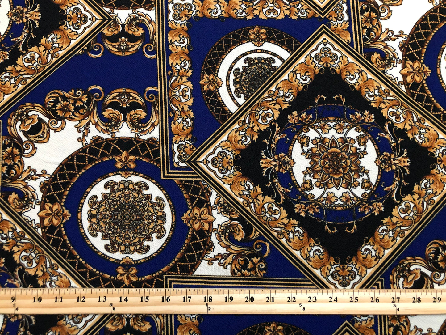 Liverpool Knit Printed Fabric-Navy Blue Gold Arabic Mosaics-LVPR291-Sold by the Yard-Apparel Fabric